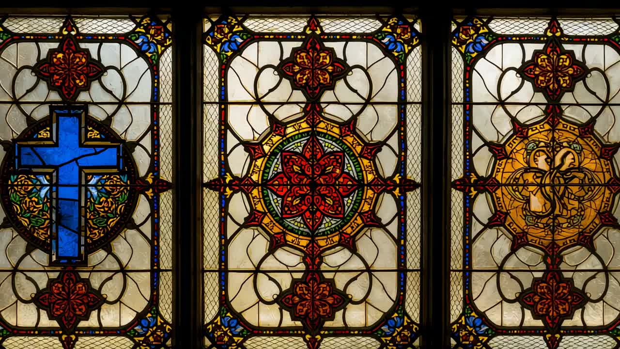 Starting camera recording three-panel stained glass window in church, with blue cross and emblem