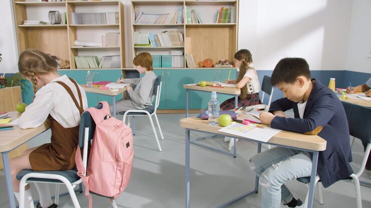 Grupo multiétnico de niños en el aula sentados en sus pupitres y escribiendo en sus cuadernos.