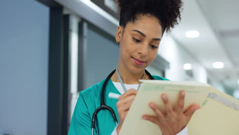 writing, notes and nurse with document in hospital