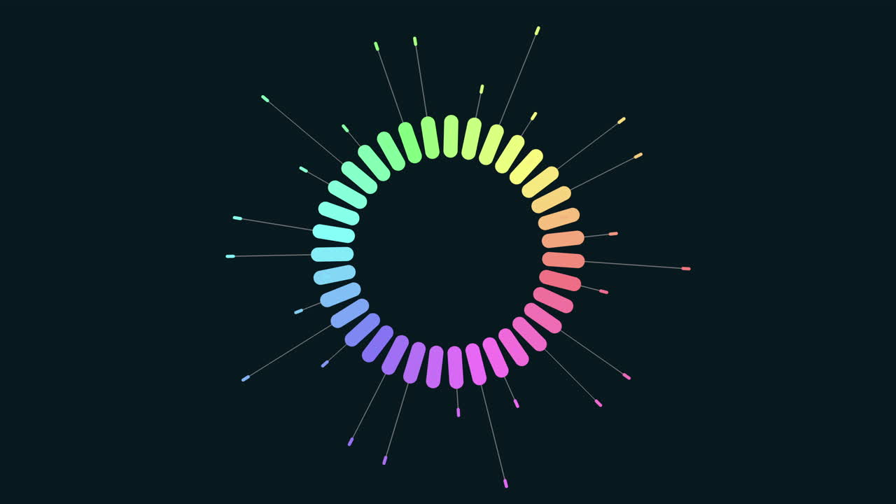 Vibrant circular audio equalizer visualization with multicolored bars radiating on a dark background, ideal for music videos, DJ visuals, sound wave concepts and modern motion design projects
