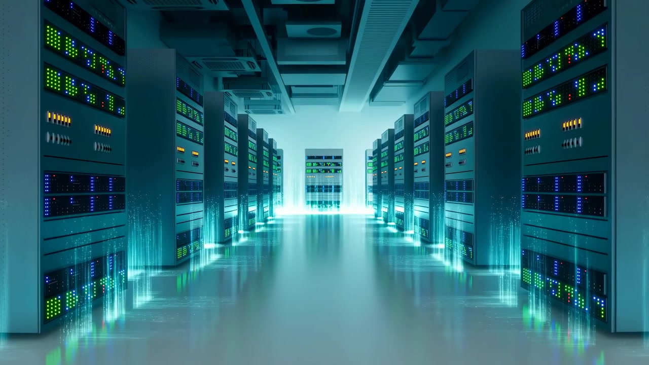 A modern data center aisle with tall server racks on both sides, cool bright lighting, glowing status indicators, and a reflective floor leading into the
