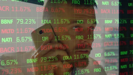 animation of financial data processing over caucasian man using smartphone