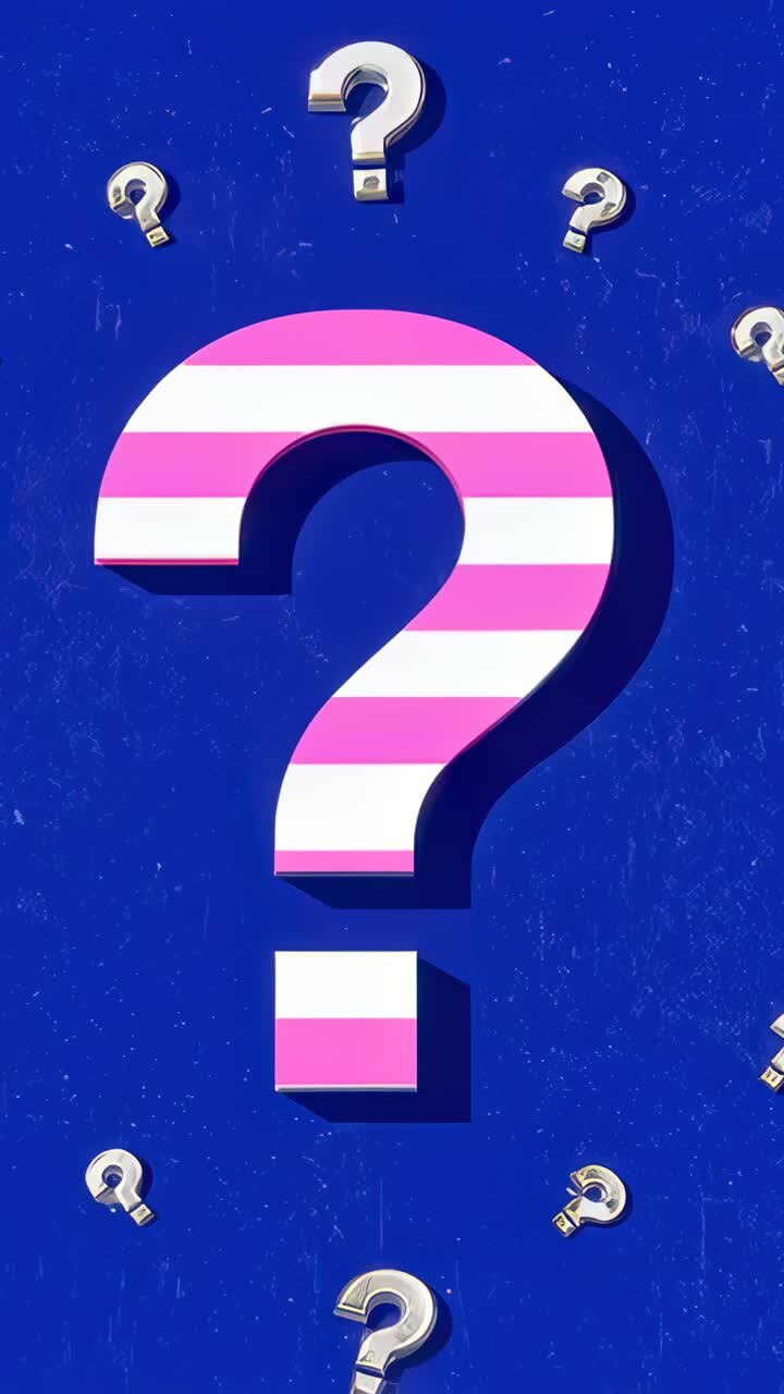 Vertical video: Shifting lights, pink 3D question mark showing form on blue set with square dot