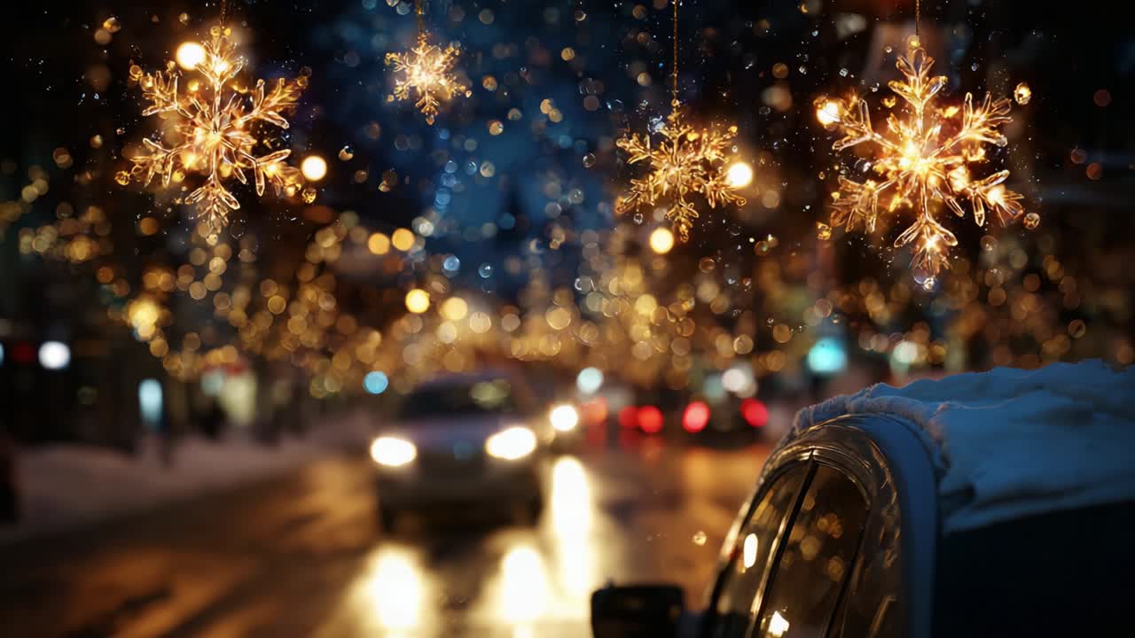 A Winter Wonderland: Enchanting Snowflakes and Glimmering Lights Adorn a Cozy City Street Scene at Night, Capturing the Spirit of the Holiday Season with a Magical Aura of Celebration