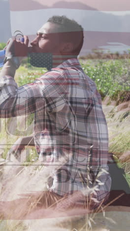 animation of flag of united states of america and fourth of july text over man drinking water