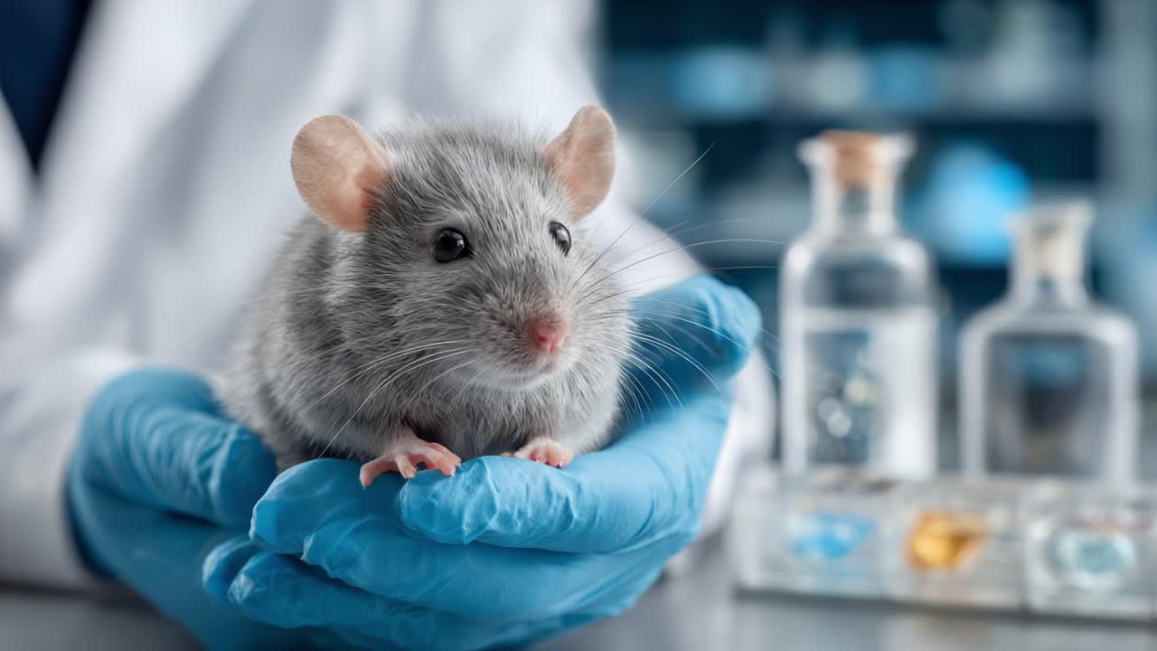 A Laboratory Research Scene Featuring a Gray Mouse Being Held in a Scientist's Gloved Hand with Glass Containers in the Background