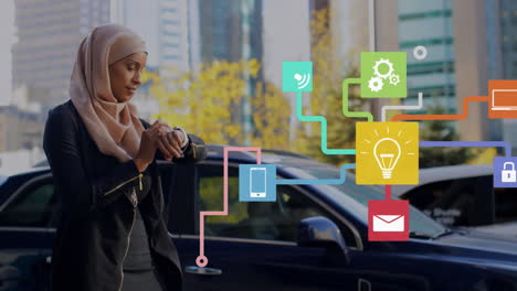 web of connections icons against woman in hijab using smartwatch