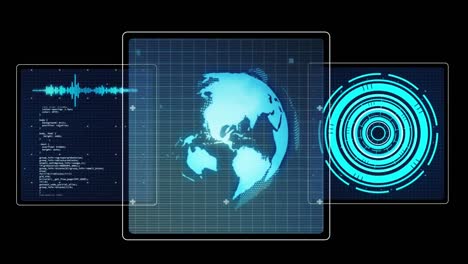 animation of data processing with scope scanning and globe on black background