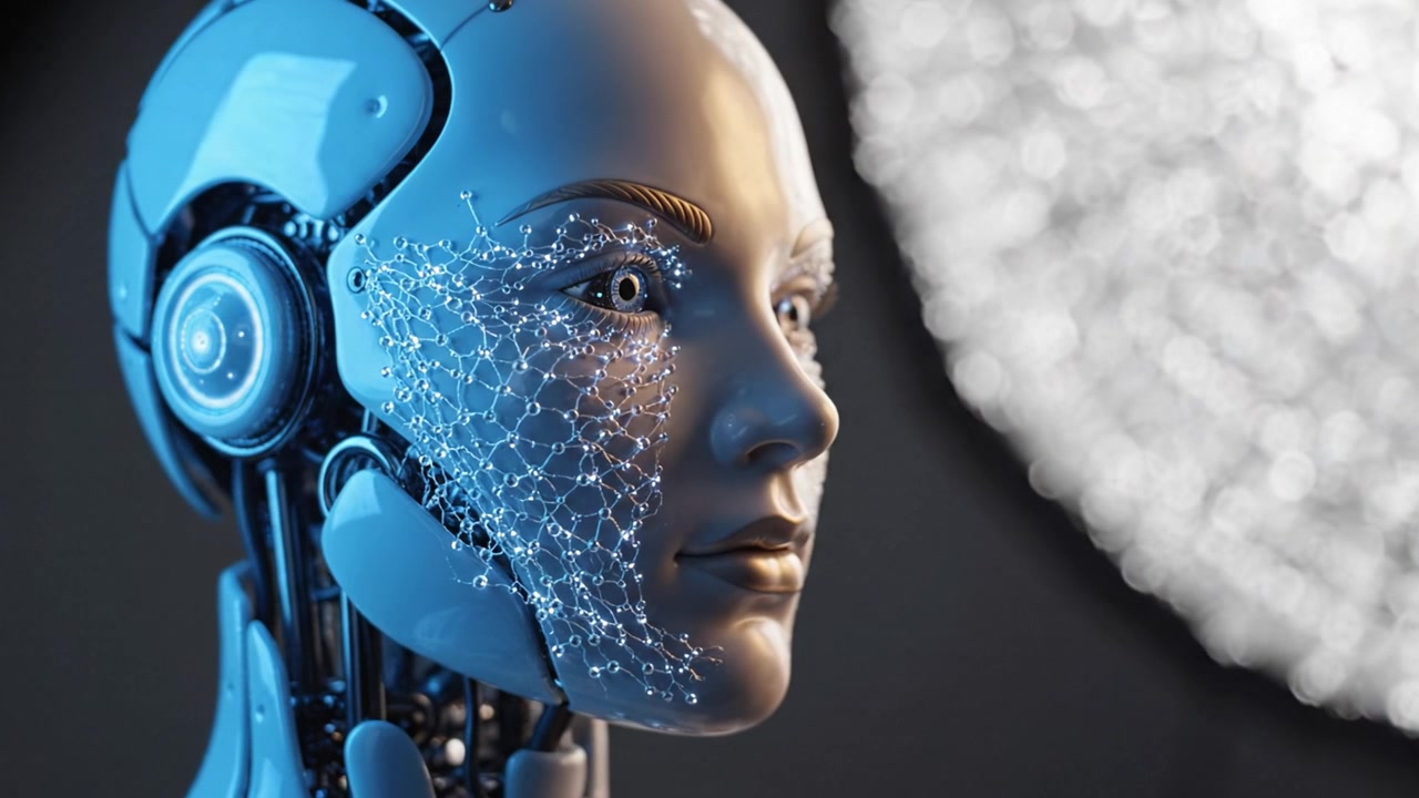 Un primo piano del volto di un robot umanoide futuristico che mostra circuiti intricati e connessioni luminose, evidenziando la fusione di tecnologia e arte nella robotica.
