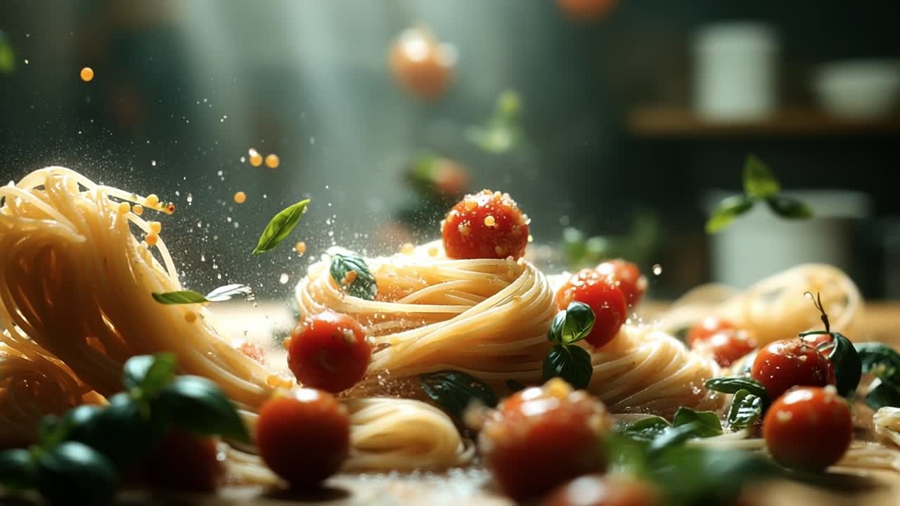 Fresh pasta with tomatoes and basil. Streamers of pasta are tossed with ripe tomatoes and fresh basil in a vibrant kitchen setting during the evening.