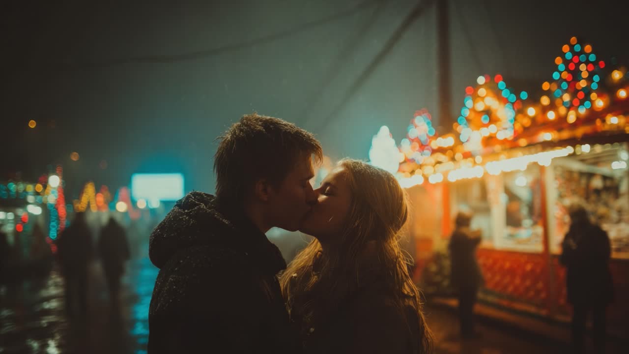 A Romantic Winter Evening: A Couple Embracing with a Passionate Kiss Amidst a Colorfully Illuminated Market Filled with Holiday Cheer and Snowfall
