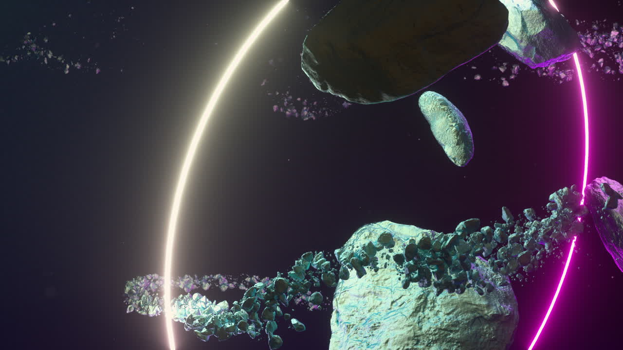 Futuristic Abstract Rocks Floating with Neon Light Rings