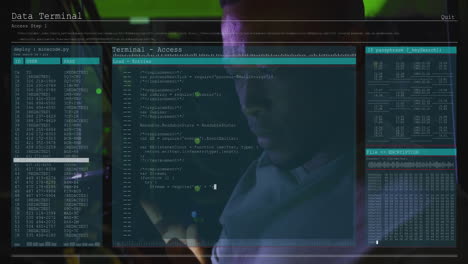 Animation-of-data-processing-over-african-american-man-working-in-server-room