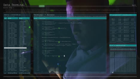 animación del procesamiento de datos sobre un hombre afroamericano trabajando en la sala de servidores