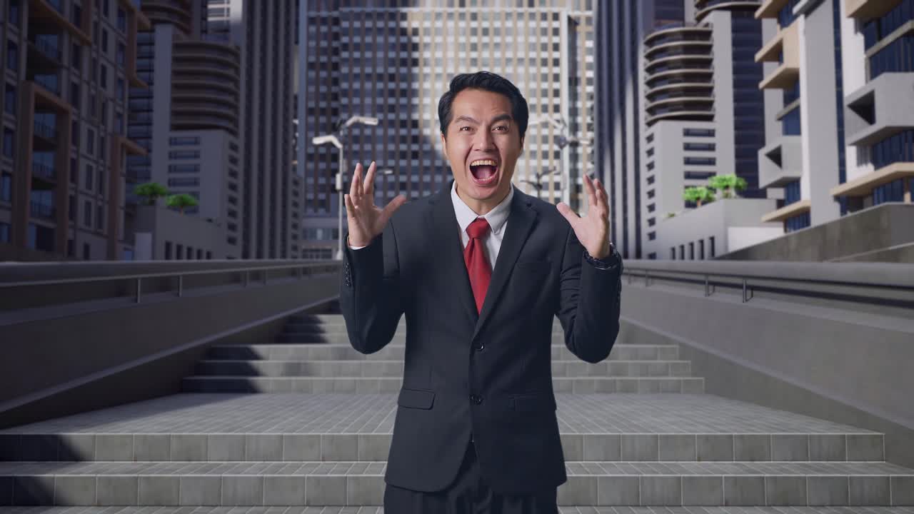 아시아 사업가 한 명 은 손바닥 을 들고 와우 라고 말 하고 도시 에서 미소 짓고 있다