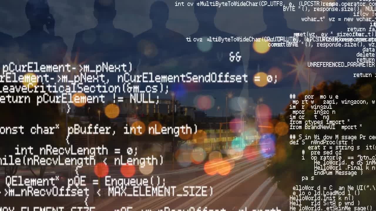 Animation of data processing and people's silhouettes over cityscape background