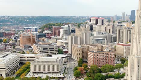 Dramatic-aerial-tilt-up-reveals-Pitt-campus-and-Cathedral-of-Learning,-University-of-Pittsburgh