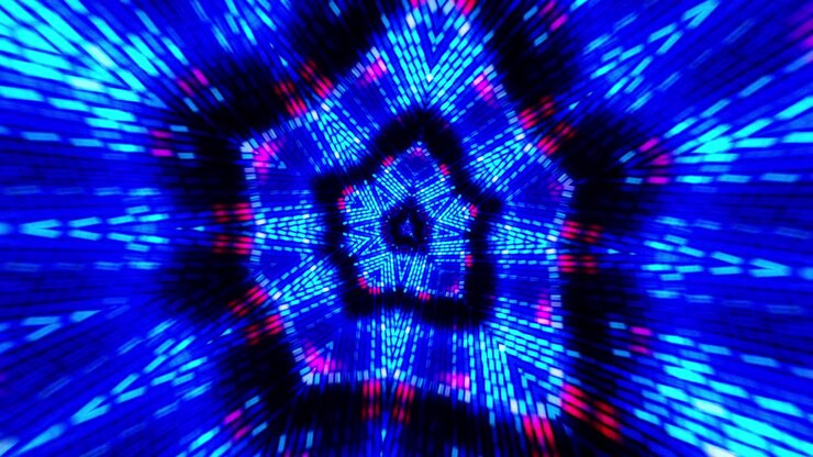Infinite loop rotating kaleidoscope hypnotic tunnel of shining blue red neon color lights. 4K Abstract digital tunnel sectors. Cyber colorful led wall and light shine rotating animation. Geometric VJ loop.