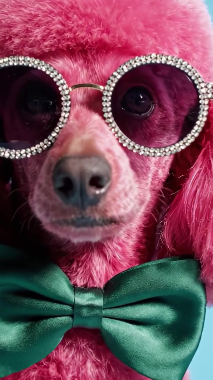 Un barboncino rosa elegante con occhiali da sole alla moda e un papillon verde: una vetrina di moda e fascino canino.