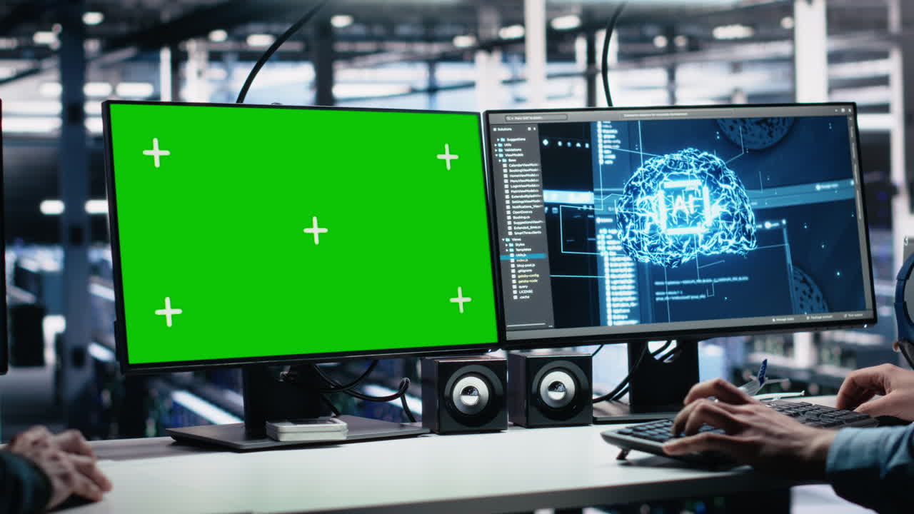 Data Center Engineer Working On Neural Network On Green Screen Pc