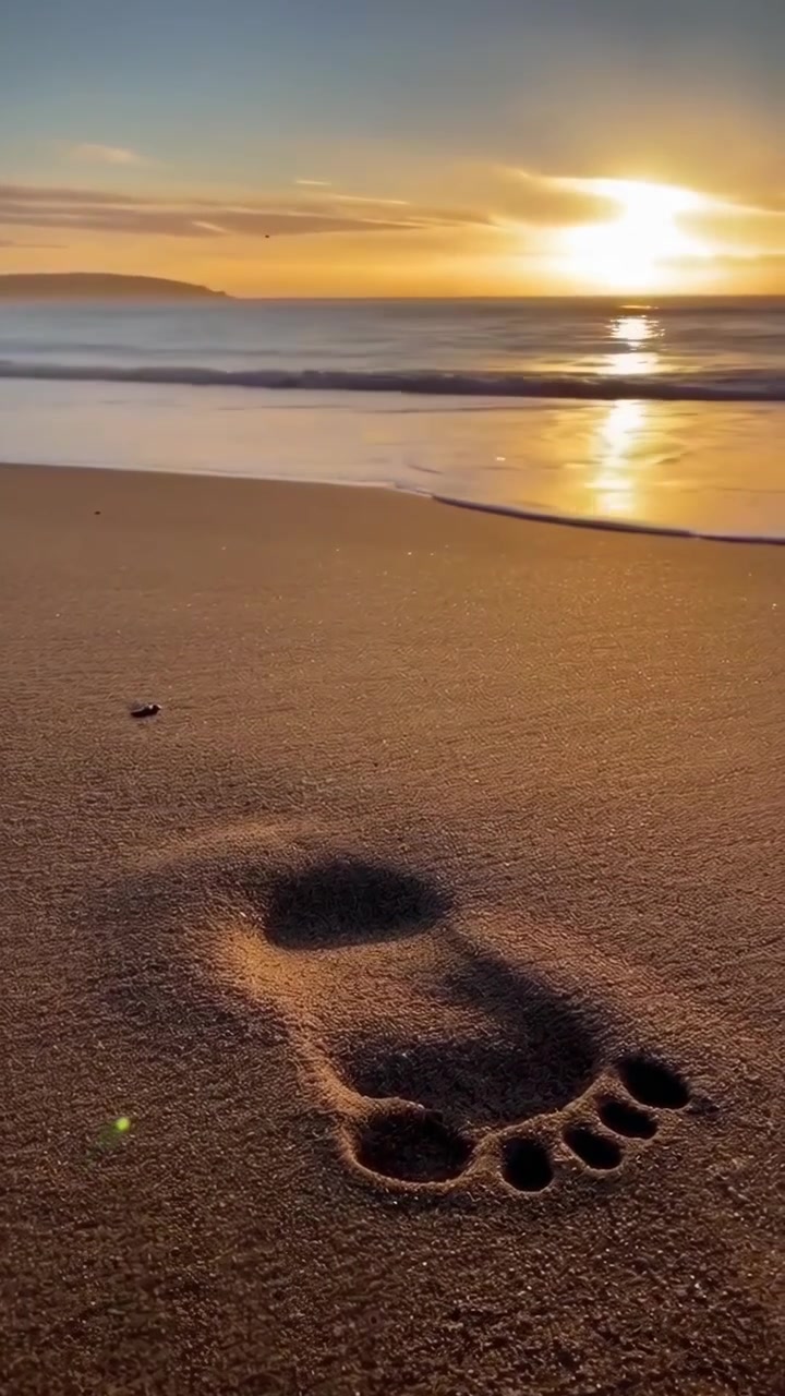Huella solitaria en una playa de arena con un atardecer dorado sobre el océano