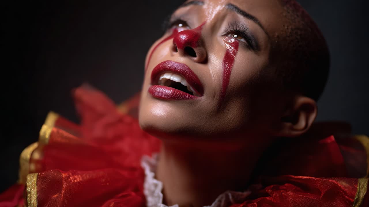 Un clown drammatico che esprime emozioni con trucco lacrimoso e costume vivace, catturando l'essenza della performance art e l'esperienza umana in due immagini