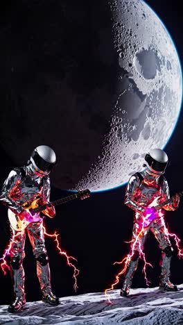 Two astronauts wearing silver spacesuits are playing electric guitar on the moon surface during a spacewalk, with blue electric discharges and planet earth in the background