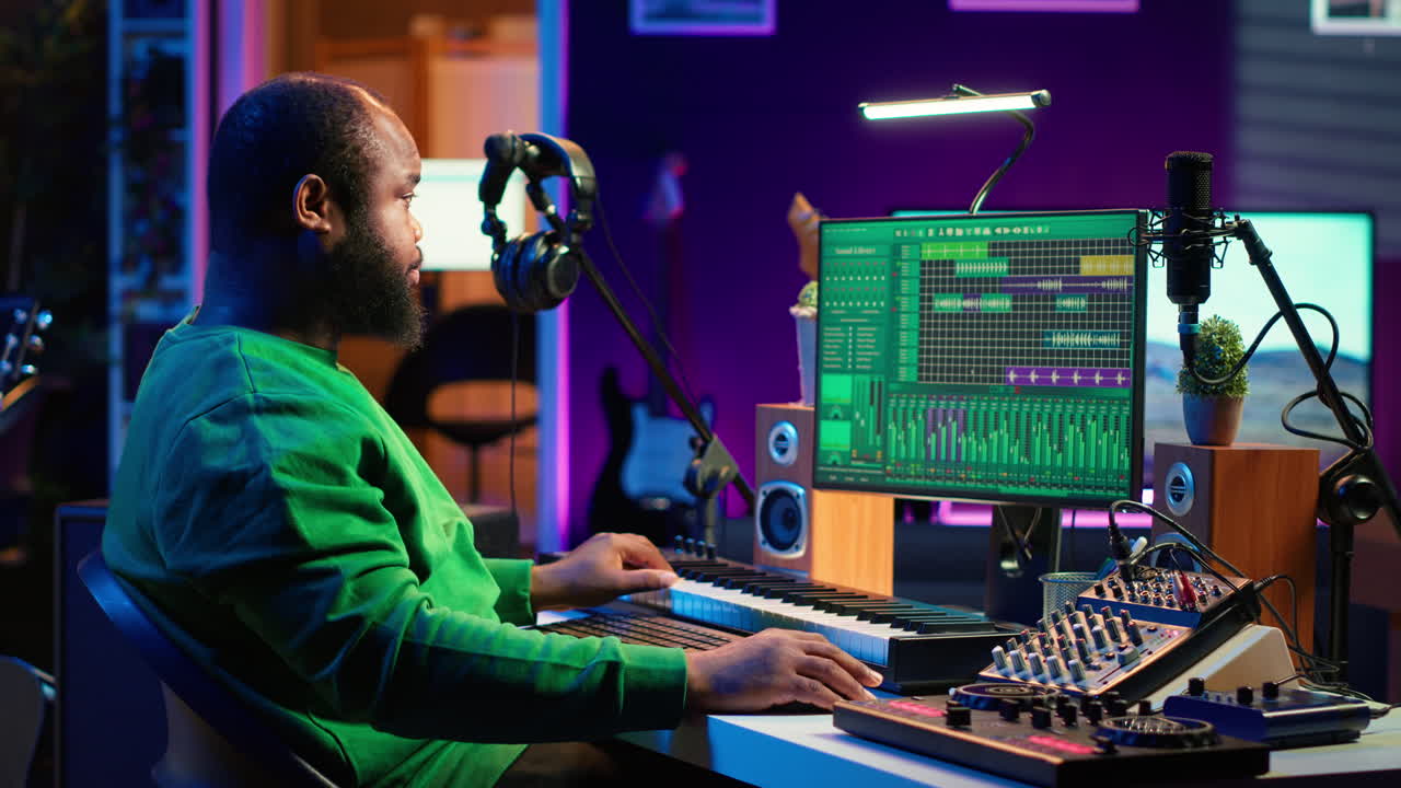 ingeniero de sonido afroamericano usando notas de controlador midi para agregar efectos de audio