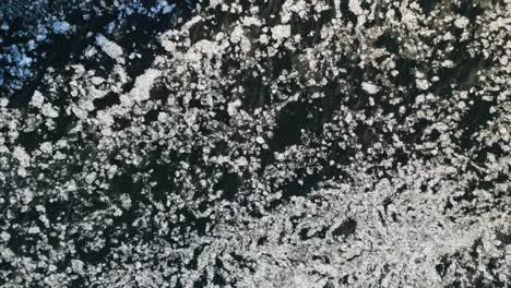 frozen river with intricate ice sheets formations floating on deep water in winter, north america, quebec, montreal, canada.