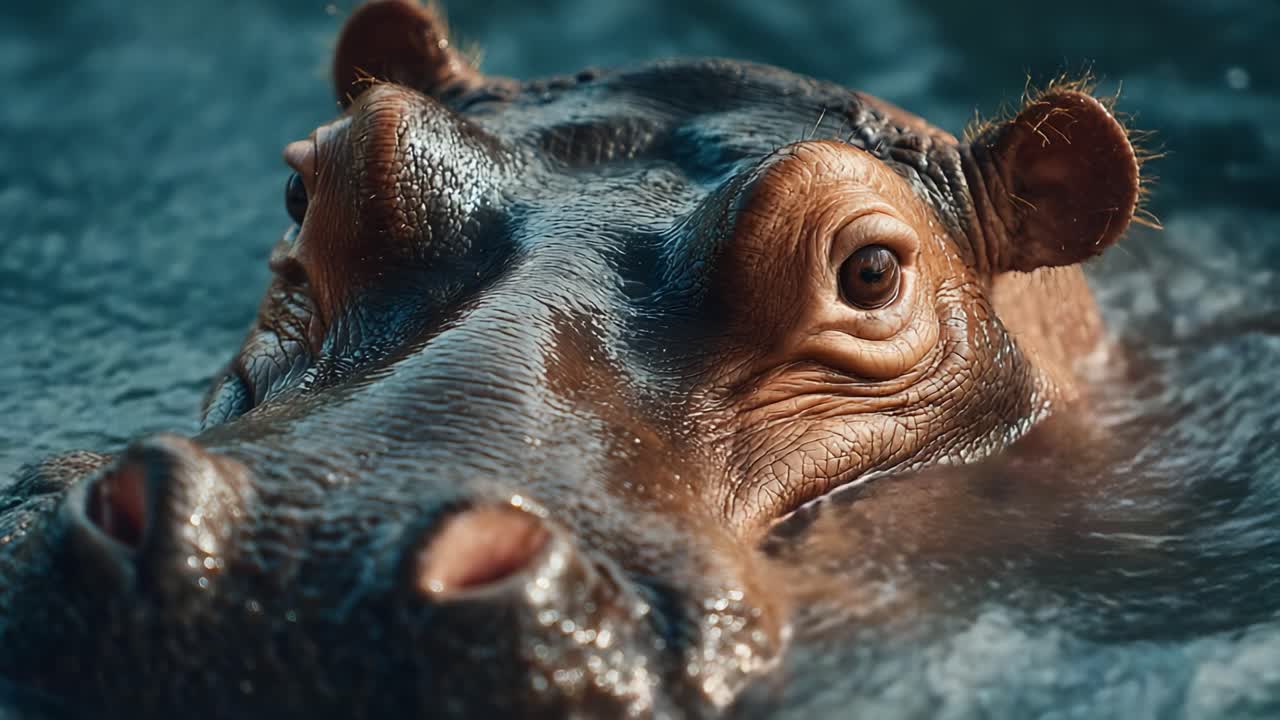 A Close-Up Encounter with a Hippopotamus in Water Captures the Majestic and Intense Gaze of This Aquatic Mammal in Its Natural Habitat, Highlighting Its Unique Features