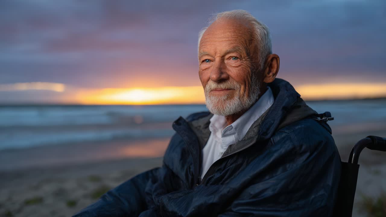 Un uomo anziano e tranquillo si gode un bellissimo tramonto sulla spiaggia mentre è seduto comodamente su una sedia a rotelle, riflettendo sulla vita e sui suoi momenti sereni