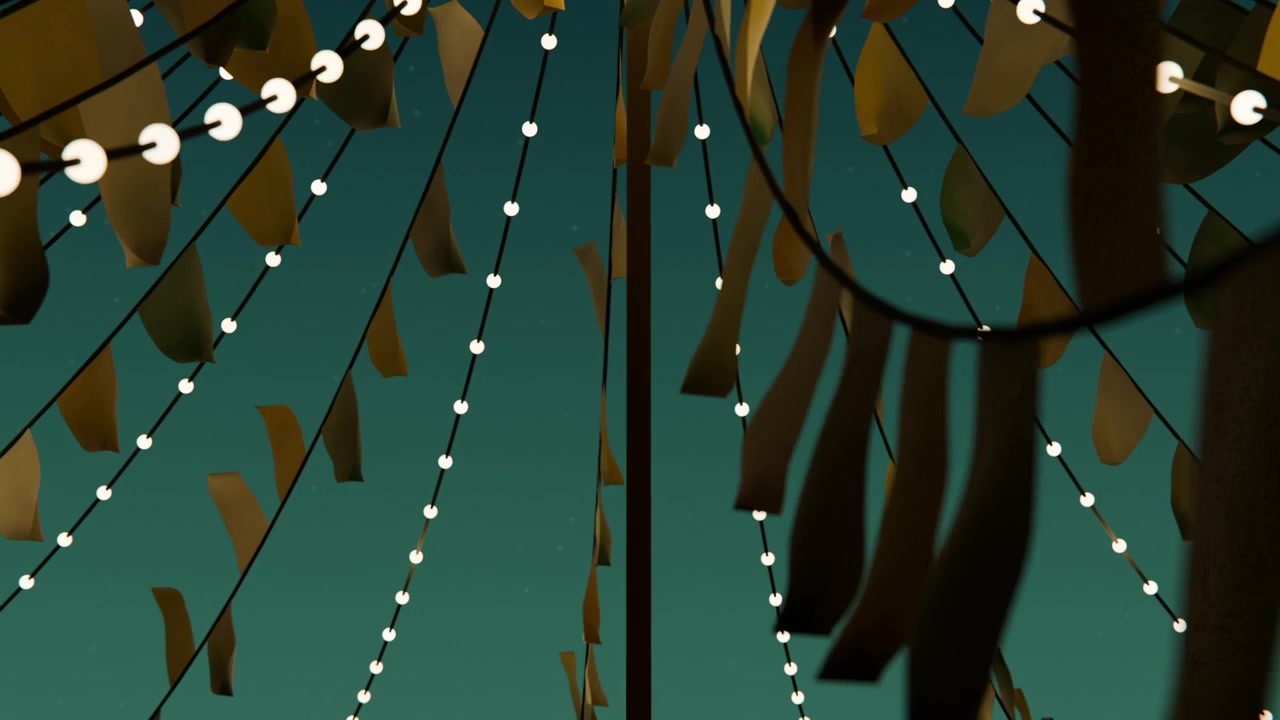 Gusting wind sending canopy of radial string lights and tan flags sweeping, revealing festival pole