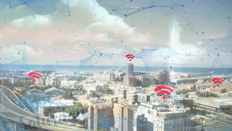 animation of digital network and wi-fi symbols connecting city buildings