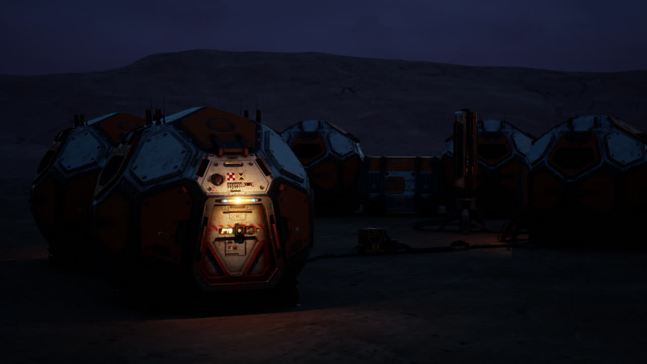 View of a mars colony base at dusk with illuminated habitat modules