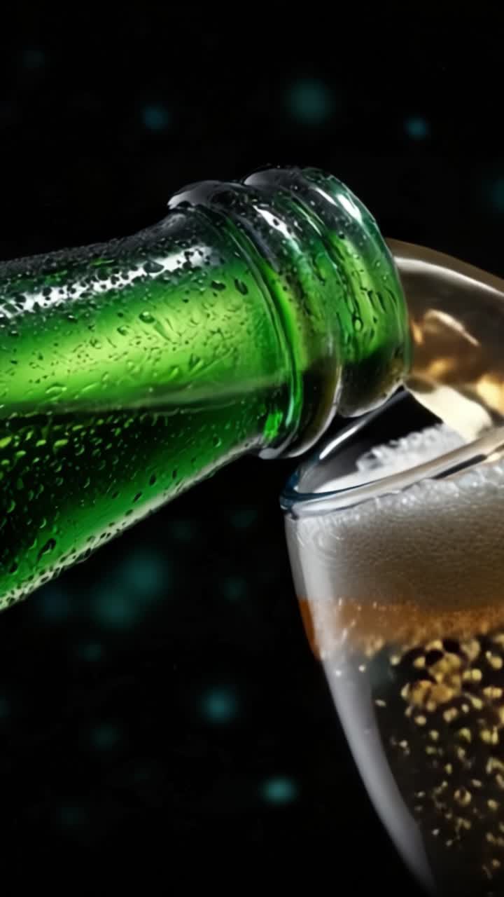 Versamento rinfrescante di bevanda fredda da una bottiglia verde in un bicchiere, che cattura l'essenza del piacere, del relax e dei momenti sociali ad ogni sorso