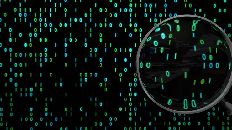 Dati binari sotto lente d'ingrandimento, spionaggio, cannocchiale 4K