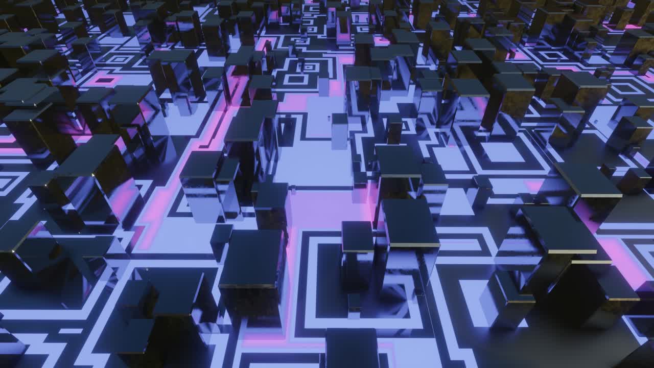 animación en bucle 4k. patrón de alta tecnología en superficie plana, brillo de neón, elementos y estructura complejos. objetos 3d forman composición de ciencia ficción en superficie patrón 3d. tecnología de la información, hardware futurista
