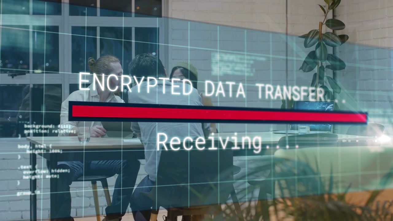 Team tapping laptop, starting encrypted data transfer HUD with red progress bar for technology sync