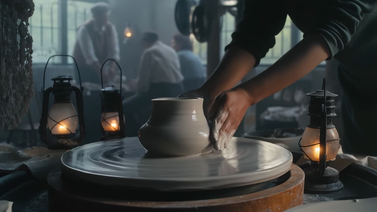Hands shaping a clay pot on a pottery wheel in a workshop