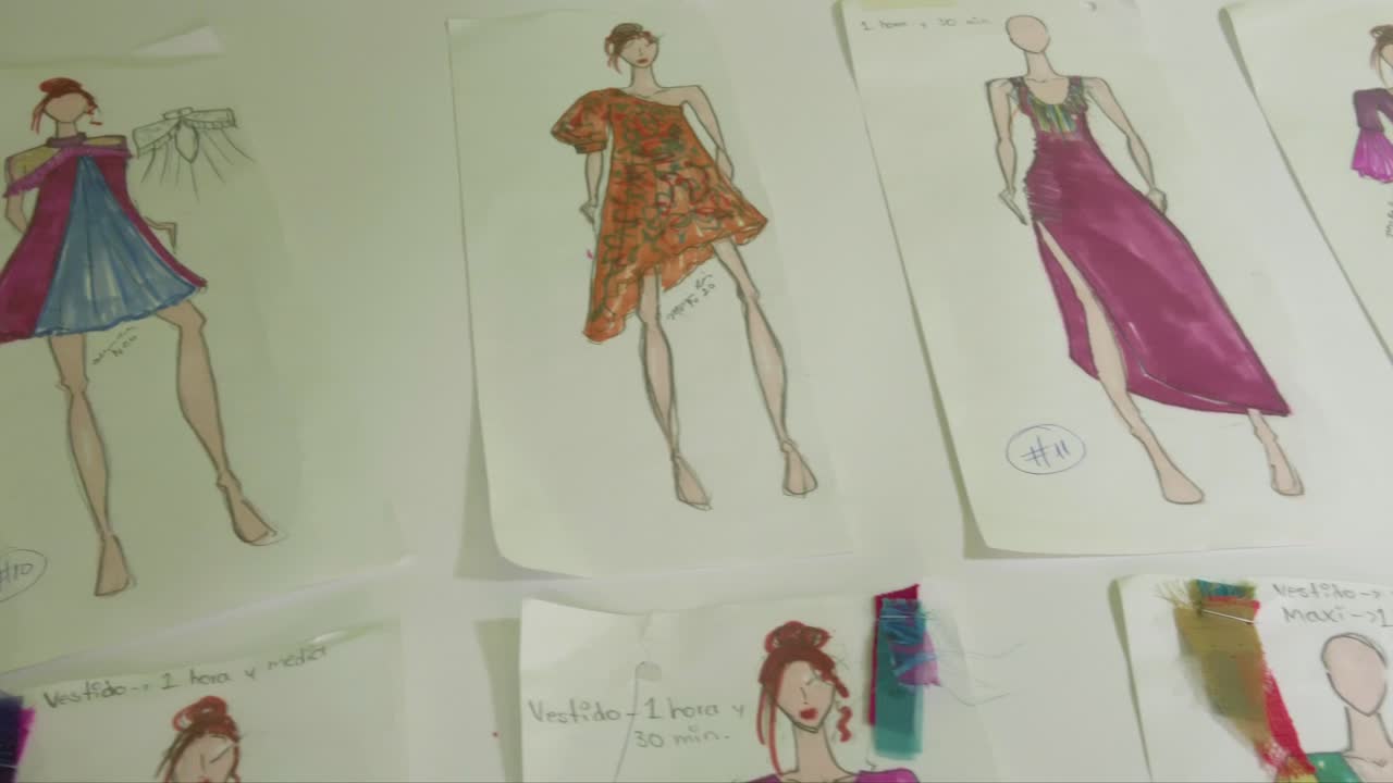 detalle del puesto de trabajo de una diseñadora de moda con dibujos y bocetos de su última colección
