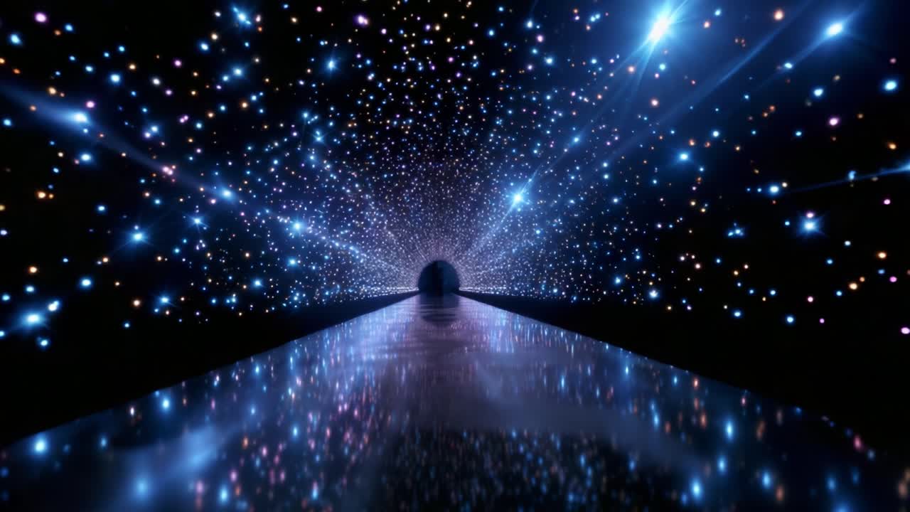A captivating journey through a luminous tunnel filled with shimmering stars and radiant lights, creating a mesmerizing visual experience that draws viewers into a fascinating realm of color and brilliance