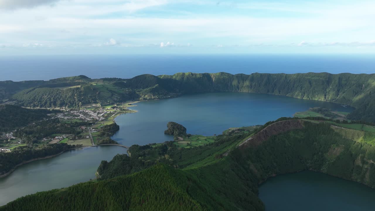 Aerial hyperlapse view over iconic Sete Cidades caldera lakes on Sao Miguel