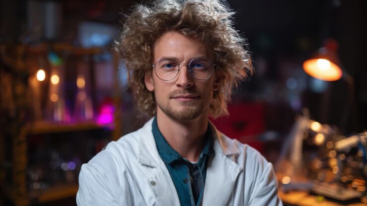 Un/a scienziato/a sicuro/a di sé in un laboratorio, che esprime creatività e innovazione mentre svolge esperimenti e ricerche con una calda illuminazione ambientale