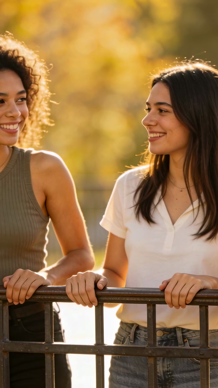 Vertical video: Glancing two women holding metal rail at park leaning in and chatting in olive top