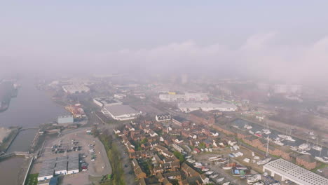 aerial flight over hull on a foggy sunny day