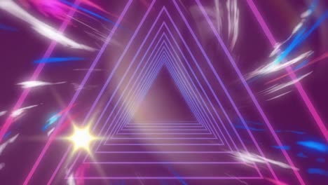 Animation-of-looping-triangles,-multicolored-flame-and-moving-illuminated-star-over-pink-background