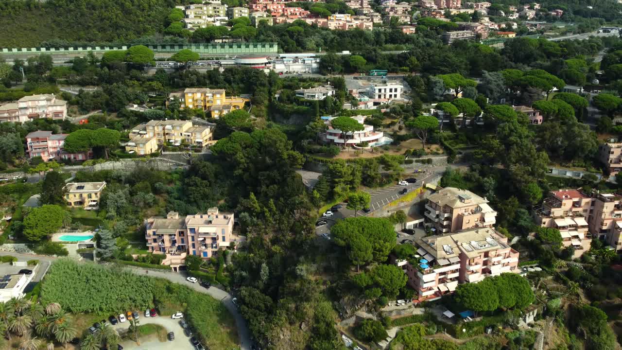 Aerial view of a town with buildings and trees