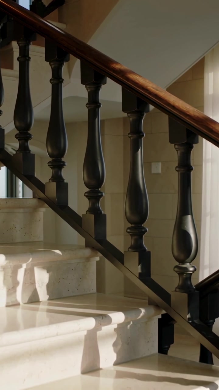 Vertical video: Panning camera responding to sunlight, showing marble steps and balusters in foyer