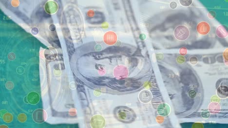 animation of digital icons over american dollar banknotes in background