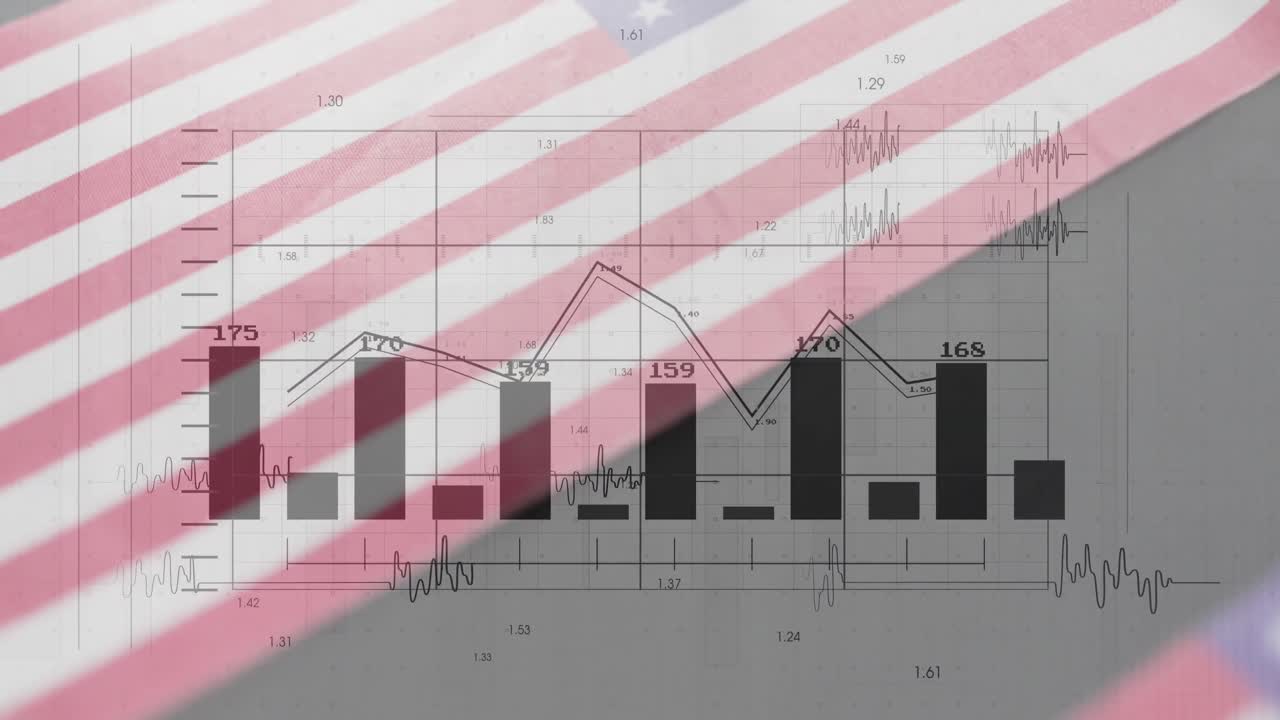 Animación de procesamiento de datos sobre la bandera de Estados Unidos